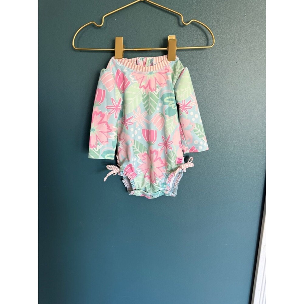 Ruffle Butts Pink & Mint Floral Long Sleeve Swim Romper
